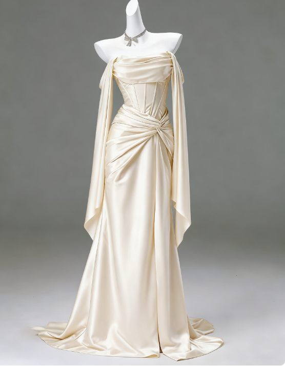 Elegant Sheath Light Champagne Long Prom Dresses; Satin Light Champagne  Evening Dresses DP04009