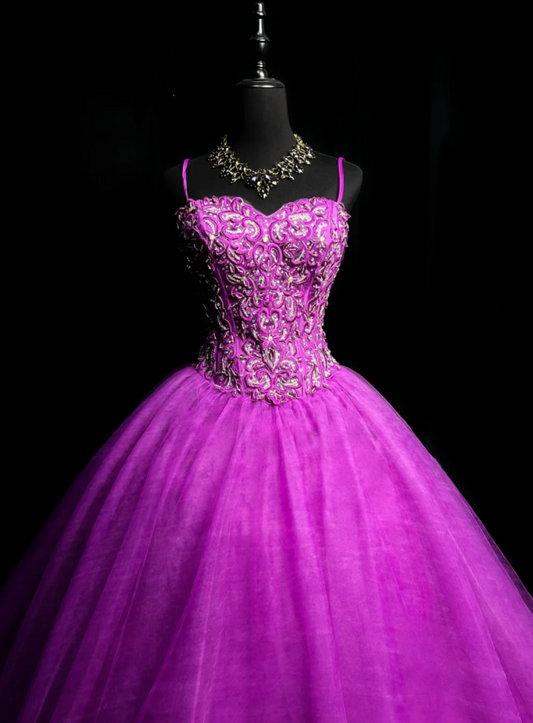 Fairy Ball Gown Tulle Long Prom Dresses Tulle Appliqué Spaghetti Straps Purple Quinceanera Dresses Sweet 16 Dresses DP04032