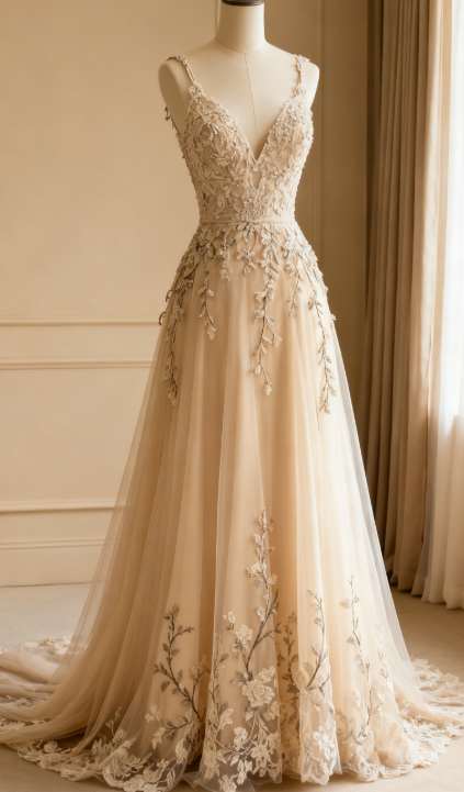 Fairy Ball Gown Tulle Long Prom Dresses, Appliqué Spaghetti Straps Light Champagne Quinceanera Dresses, Sweet 16 Dresses DP04033