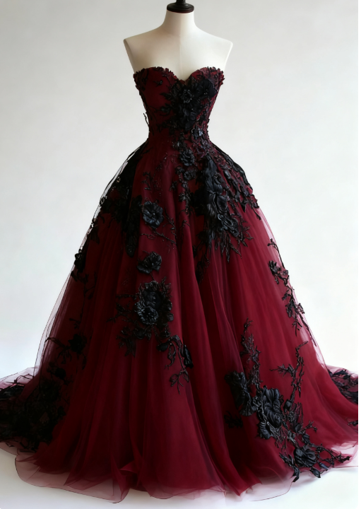 Gorgeous Ball Gown Tulle Long Prom Dresses; Appliqué Off-shoulder Burgundy Quinceanera Dresses; Sweet 16 Dresses DP04035
