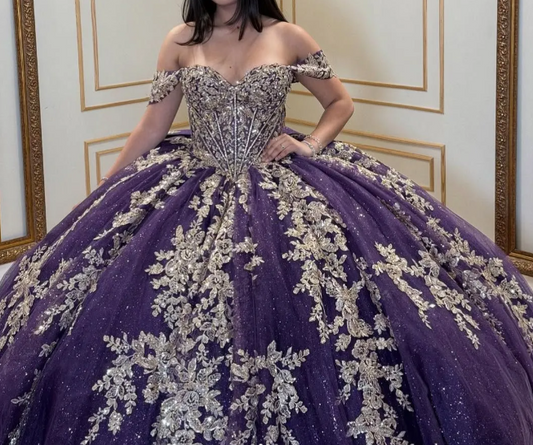 Gorgeous Ball GownTulle Long Prom Dresses; Appliqué Off-shoulder Purple Quinceanera Dresses; Sweet 16 Dresses DP04036