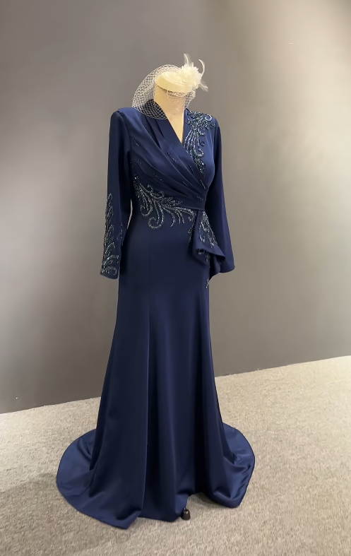 Elegant V-neck Sheath Long Prom Dresses Long sleeves Chiffon Navy Blue Evening Dresses DP04048