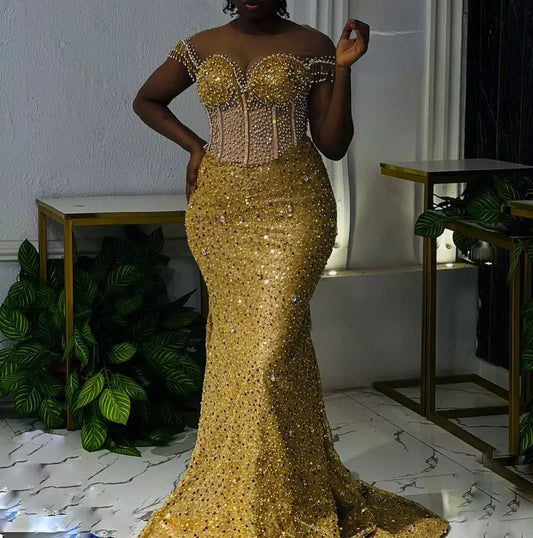 Sexy Mermaid Gold Birthday Dress Off-Shoulder Beaded Long Prom Dress  DP04093