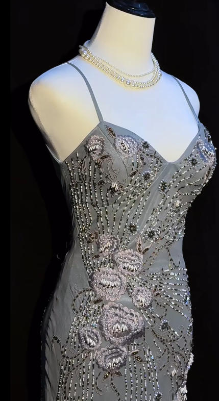 Vintage Sheath Gray Birthday Dress with Spaghetti Straps, Chiffon Beaded Prom Dress, Sleeveless Evening Dress DP04094