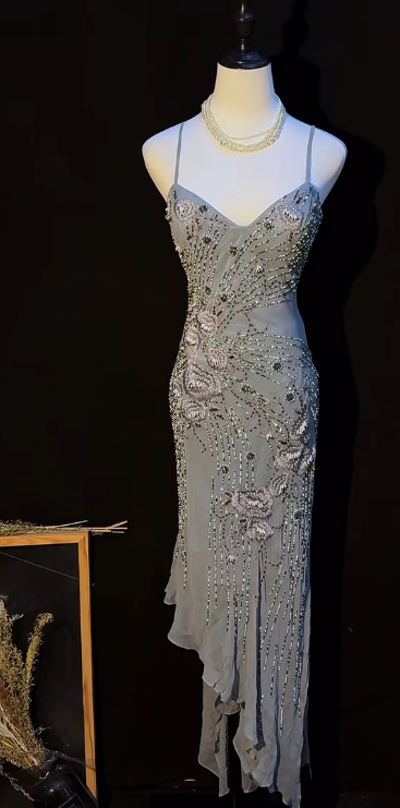 Vintage Sheath Gray Birthday Dress with Spaghetti Straps, Chiffon Beaded Prom Dress, Sleeveless Evening Dress DP04094