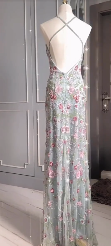 Vintage Sheath Gray Birthday Dress Sequins Tulle Beaded Long Prom Dress  BacklessEvening Dresses DP04095