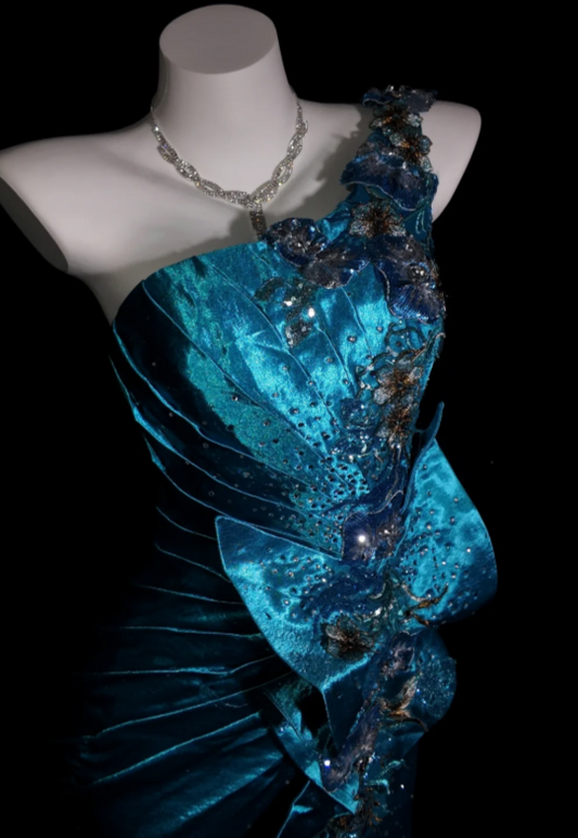 Glam Off-shoulder Sheath Long Prom Dresses Satin Beaded Teal Evening Dresses Sleeveless Mother of the Bride Dresses  DP04106