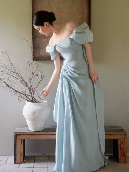 Simple Off-shoulder Sheath Long Evening Dresses Satin Blue Bridesmaid Dresses Sleeveless Wedding Guest Dresses DP04117