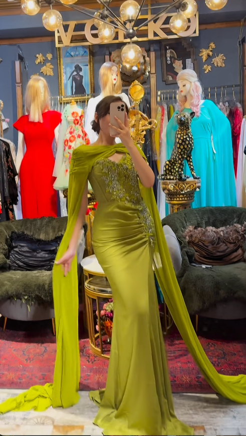 Elegant Sheath Long Prom Dresses Chiffon Olive Green Mother of the Bride Dresses Beaded Evening Dresses DP04136