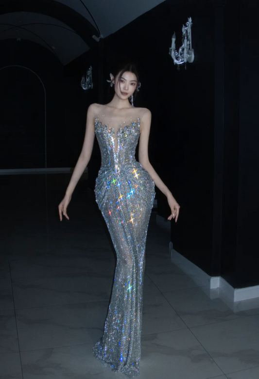 Sexy Sheath Silver Long Prom Dresses Glitter Tulle Birthday Dresses Silver Sleeveless Evening Dresses DP04162