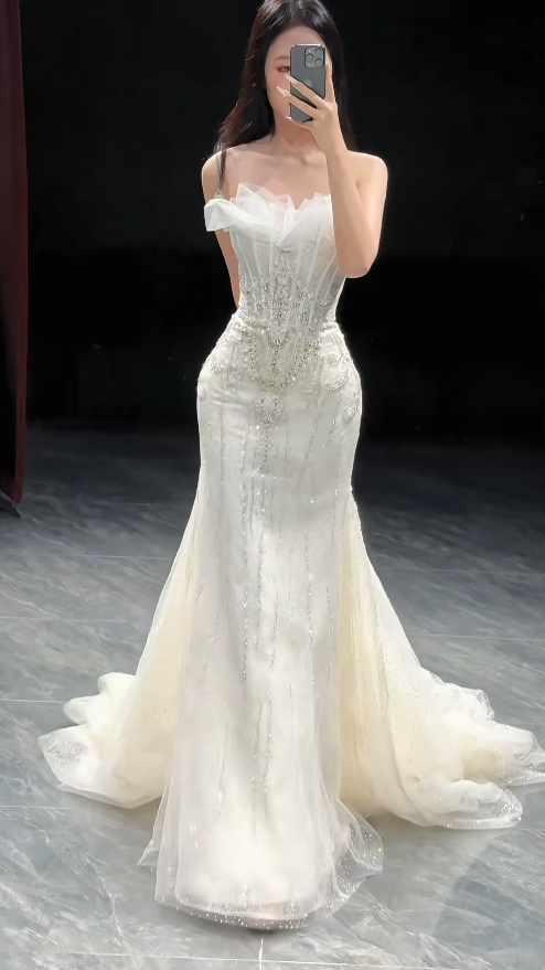 Luxury Strapless Mermaid Long Wedding Dresses Beaded Tulle White Bridal Gowns Sleeveless Bridal Dresses DP04187