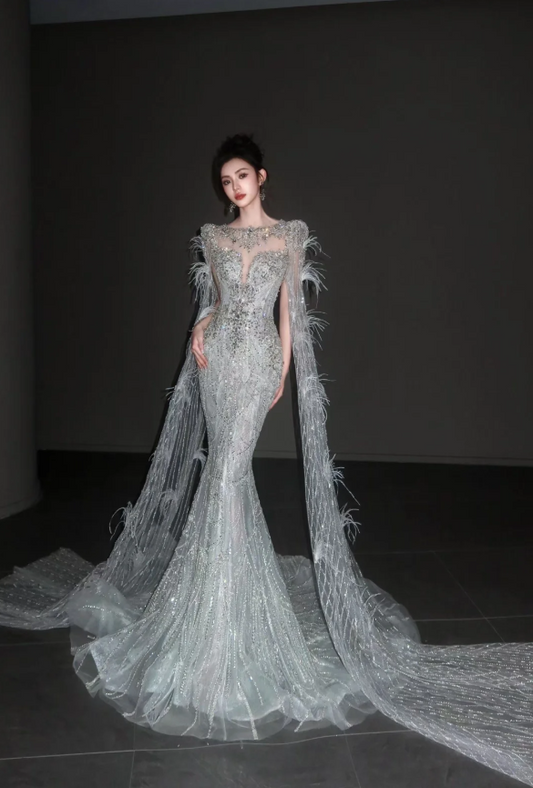 Luxury Mermaid Long Wedding Dresses Tulle Rhinstones Bridal Gowns Sleeveless Bridal Dresses DP04190