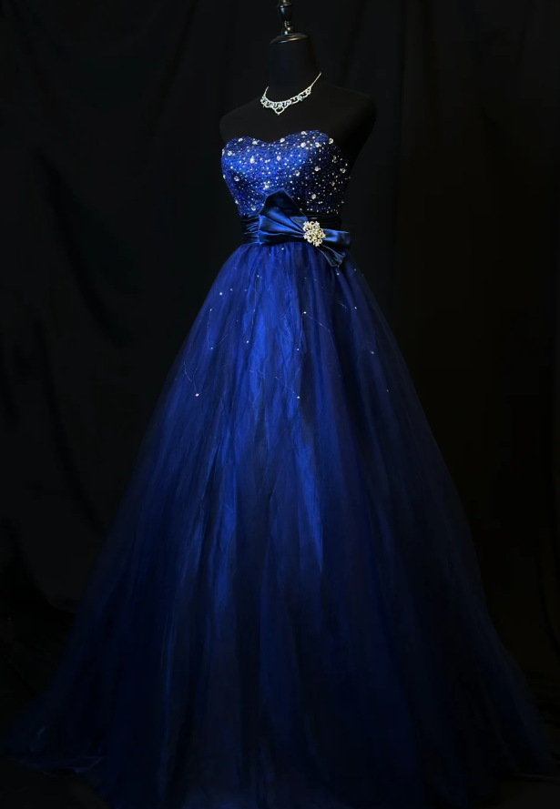 Chic A-Line Navy Blue Long Prom Dresses Sweetheart Birthday Dresses  Tulle Sleeveless Evening Dresses DP04200