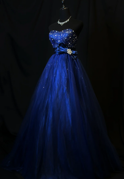 Chic A-Line Navy Blue Long Prom Dresses Sweetheart Birthday Dresses  Tulle Sleeveless Evening Dresses DP04200