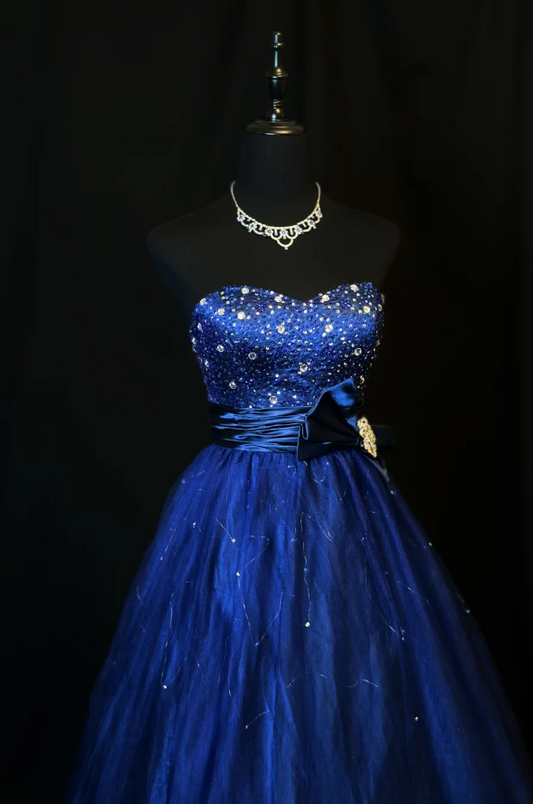 Chic A-Line Navy Blue Long Prom Dresses Sweetheart Birthday Dresses  Tulle Sleeveless Evening Dresses DP04200