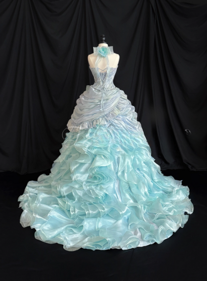 Chic Strapless Ball Gown Blue Long Prom Dresses Tulle Sleeveless Birthday Dresses Blue Quinceanera Dresses DP04201