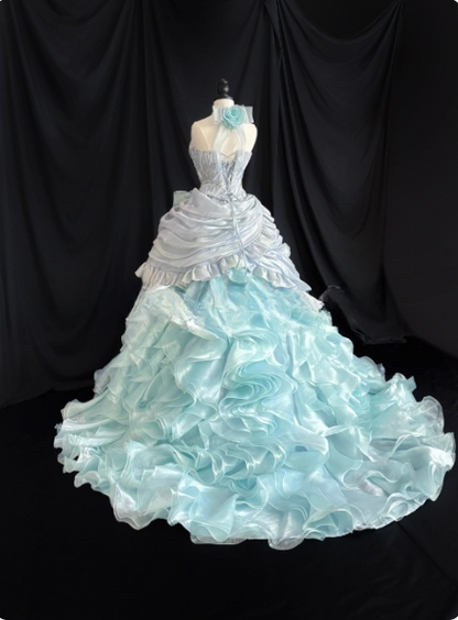 Chic Strapless Ball Gown Blue Long Prom Dresses Tulle Sleeveless Birthday Dresses Blue Quinceanera Dresses DP04201