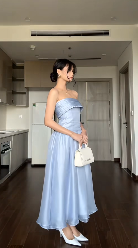 Simple Strapless Sheath Blue Wedding Guest Dresses Tulle Sleeveless Evening Dresses DP04206