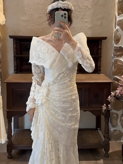 Glam Off-shoulder Mermaid Long Wedding Dresses Lace Appliques White Bridal Gowns Long Sleeveless Bridal Dresses DP04211