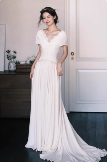 Timeless Off-shoulder Sheath Long Wedding Dresses Chiffon White Bridal Gowns Short Sleeves Bridal Dresses DP04214