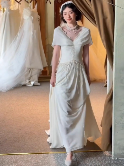 Timeless Off-shoulder Sheath Long Wedding Dresses Chiffon White Bridal Gowns Short Sleeves Bridal Dresses DP04214