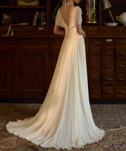 Timeless Off-shoulder Sheath Long Wedding Dresses Chiffon White Bridal Gowns Short Sleeves Bridal Dresses DP04214