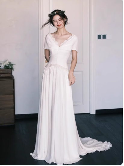 Timeless Off-shoulder Sheath Long Wedding Dresses Chiffon White Bridal Gowns Short Sleeves Bridal Dresses DP04214