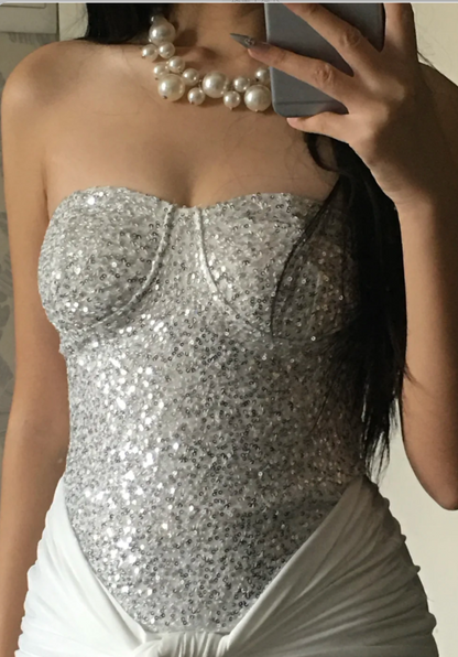 Sexy Strapless Sheath Long Prom Dresses Sequins Chiffon White Birthday Dresses Sleeveless Party Dresses  DP04244