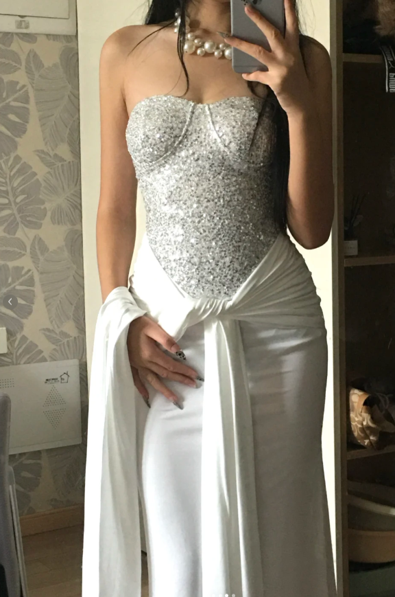 Sexy Strapless Sheath Long Prom Dresses Sequins Chiffon White Birthday Dresses Sleeveless Party Dresses  DP04244