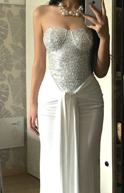 Sexy Strapless Sheath Long Prom Dresses Sequins Chiffon White Birthday Dresses Sleeveless Party Dresses  DP04244