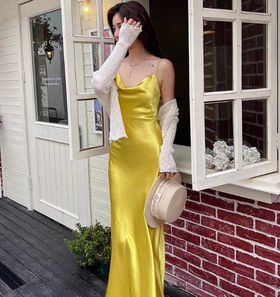 Simple Spaghetti Straps Sheath Evening Dresses Satin Yellow Bridesmaid Dreses DP04248