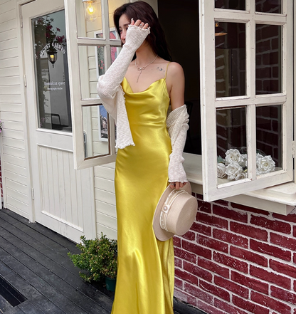 Simple Spaghetti Straps Sheath Evening Dresses Satin Yellow Bridesmaid Dreses DP04248