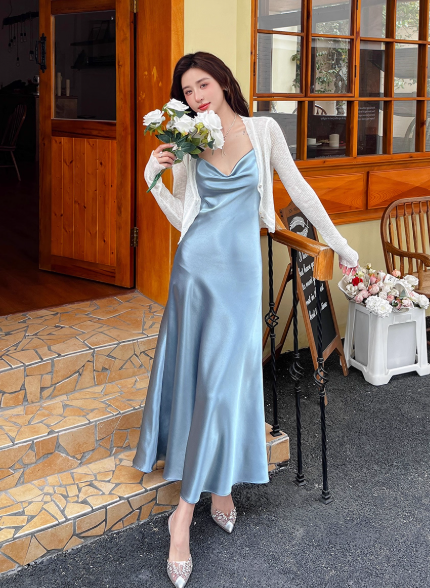 Simple Spaghetti Straps Sheath Evening Dresses Satin Gray Blue Bridesmaid Dreses DP04249