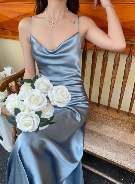 Simple Spaghetti Straps Sheath Evening Dresses Satin Gray Blue Bridesmaid Dreses DP04249