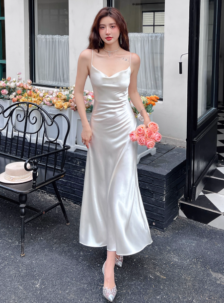 Simple Spaghetti Straps Sheath Evening Dresses Satin White Bridesmaid Dreses DP04250