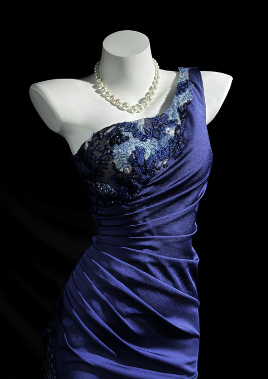 Elegant One-shoulder Sheath Long Prom Dresses Satin Navy Blue Evening Dresses Sleeveless Mother of Bride Dresses DP04259