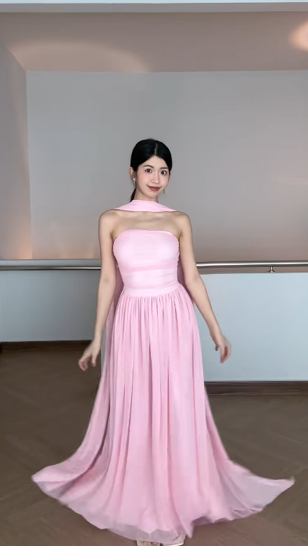 Cute Strapless A-Line Long Prom Dresses Tulle Pink Evening Dresses Sleeveless Birthday Dresses   DP04279
