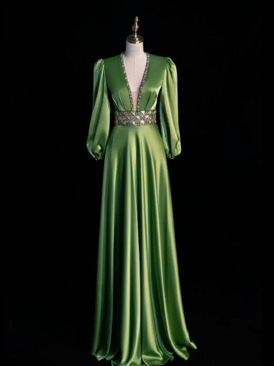 Chic V-neck Sheath Long Prom Dresses Satin Green Evening Dresses Long Sleeves Mother of Bride Dresses DP04286