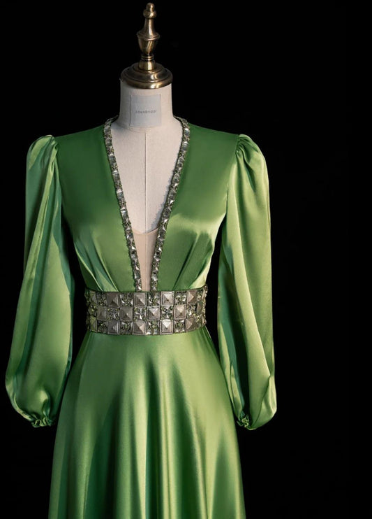 Chic V-neck Sheath Long Prom Dresses Satin Green Evening Dresses Long Sleeves Mother of Bride Dresses DP04286
