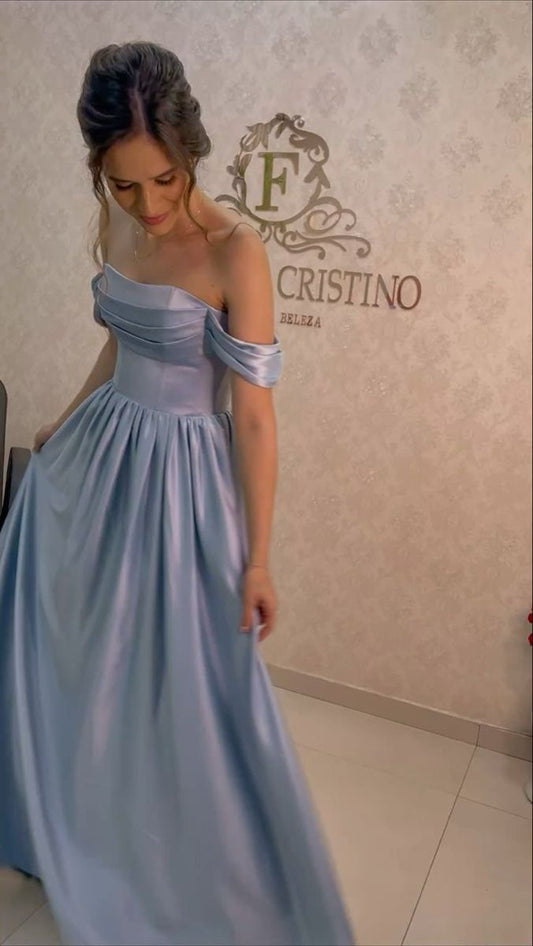 Chic Off-shoulder A-Line Long Prom Dresses Satin Blue Evening Dresses Sleeveless Birthday Dresses DP04290