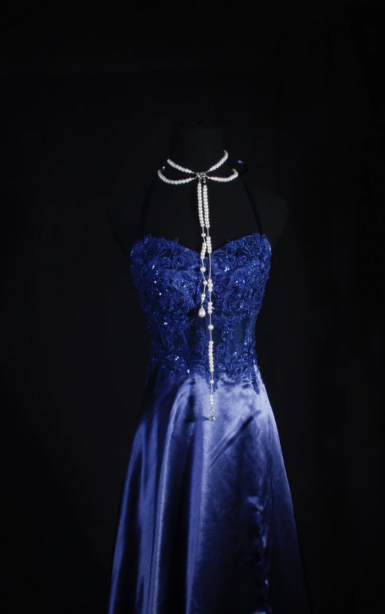 Chic Halter A-Line Long Prom Dresses Applique Satin Navy Blue Evening Dresses Sleeveless Birthday Dresses DP04293