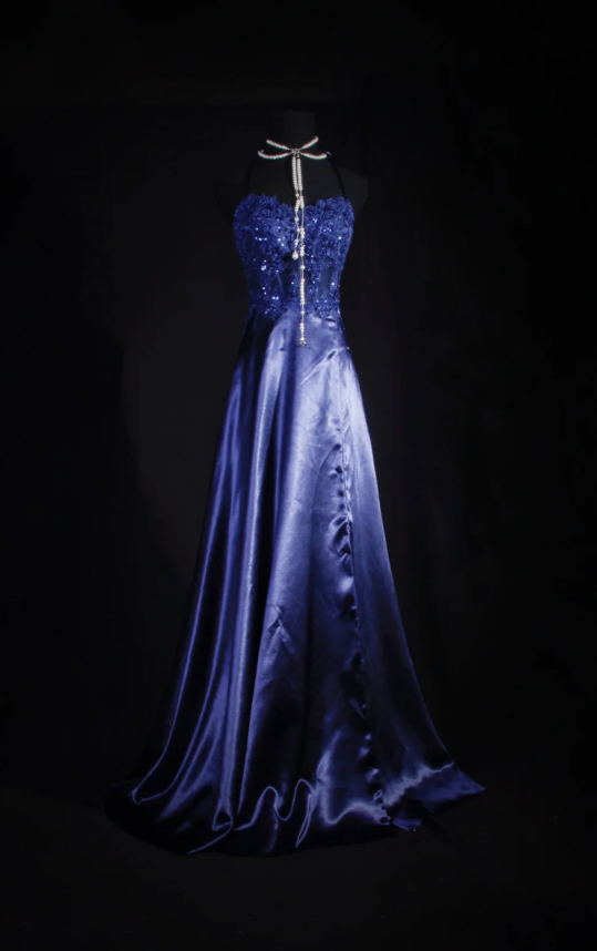 Chic Halter A-Line Long Prom Dresses Applique Satin Navy Blue Evening Dresses Sleeveless Birthday Dresses DP04293