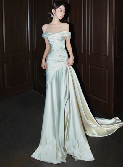 Glam Off-shoulder Sheath Long Wedding Dresses Satin White Bridal Gowns Sleeveless Bridal Dresses DP04302