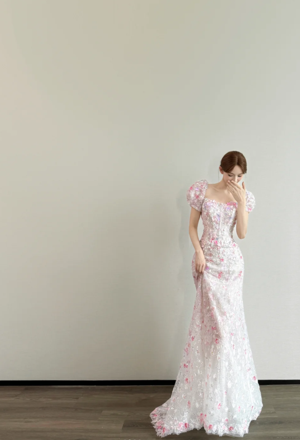 Cute Square Neck Sheath Long Wedding Dresses Applique Tulle White Bridal Gowns Short Sleeves Bridal Dresses DP04304