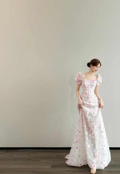 Cute Square Neck Sheath Long Wedding Dresses Applique Tulle White Bridal Gowns Short Sleeves Bridal Dresses DP04304