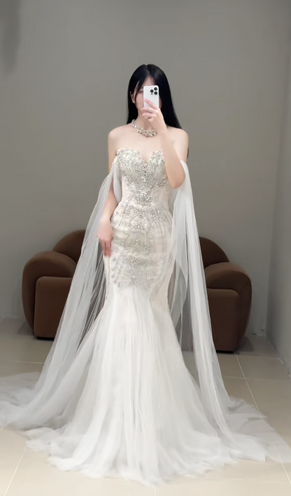 Timeless Strapless Mermaid Tulle Long Wedding Dresses Beaded White Bridal Gowns Sleeveless Bridal Dresses DP04309