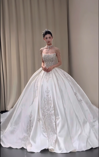 Timeless Strapless A-Line Long Wedding Dresses Satin Beaded White Bridal Gowns Sleeveless Bridal Dresses DP04310