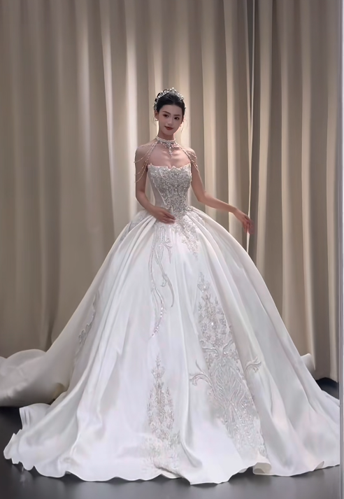 Timeless Strapless A-Line Long Wedding Dresses Satin Beaded White Bridal Gowns Sleeveless Bridal Dresses DP04310