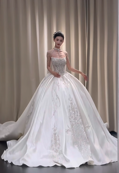 Timeless Strapless A-Line Long Wedding Dresses Satin Beaded White Bridal Gowns Sleeveless Bridal Dresses DP04310