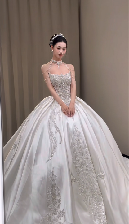 Timeless Strapless A-Line Long Wedding Dresses Satin Beaded White Bridal Gowns Sleeveless Bridal Dresses DP04310